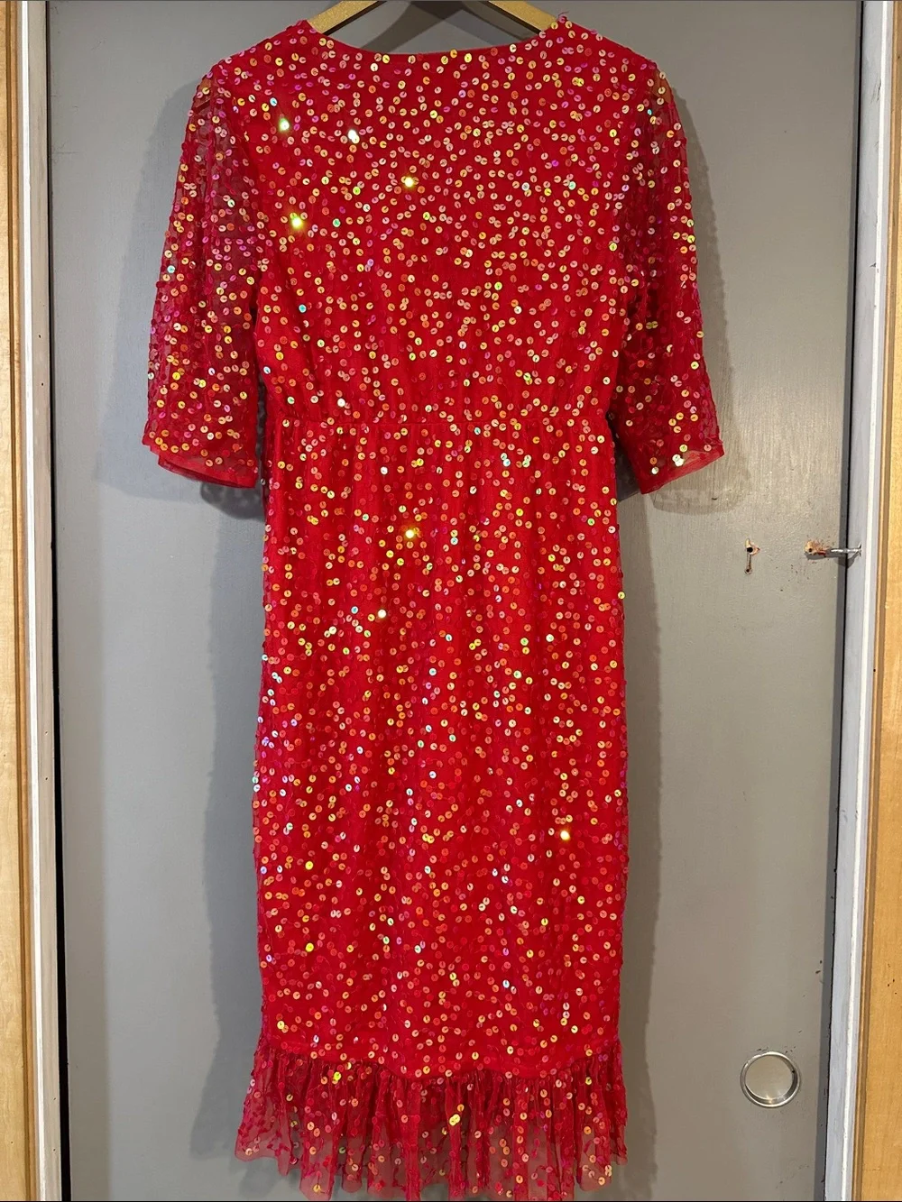 ASOS Red Sequin Midi Dress Size 6 Holiday Party Cocktail Wrap Style - Picture 8 of 10